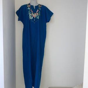 Vintage Blue Caftan Hawaiian Floral Maxi Lounge Dress